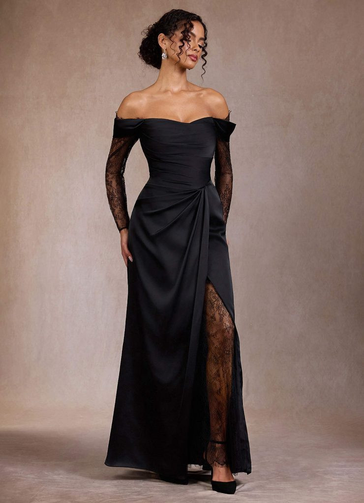 Black Tie Off-the-Shoulder Gown with Lace Sleeves and High Slit — Black Tie Dresses