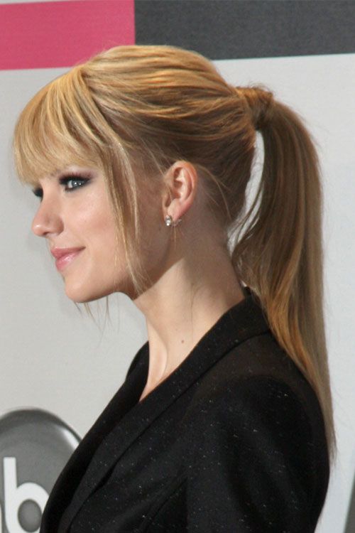 Shoulder-Length Ash Blonde Low Ponytail — Ponytail with Bangs