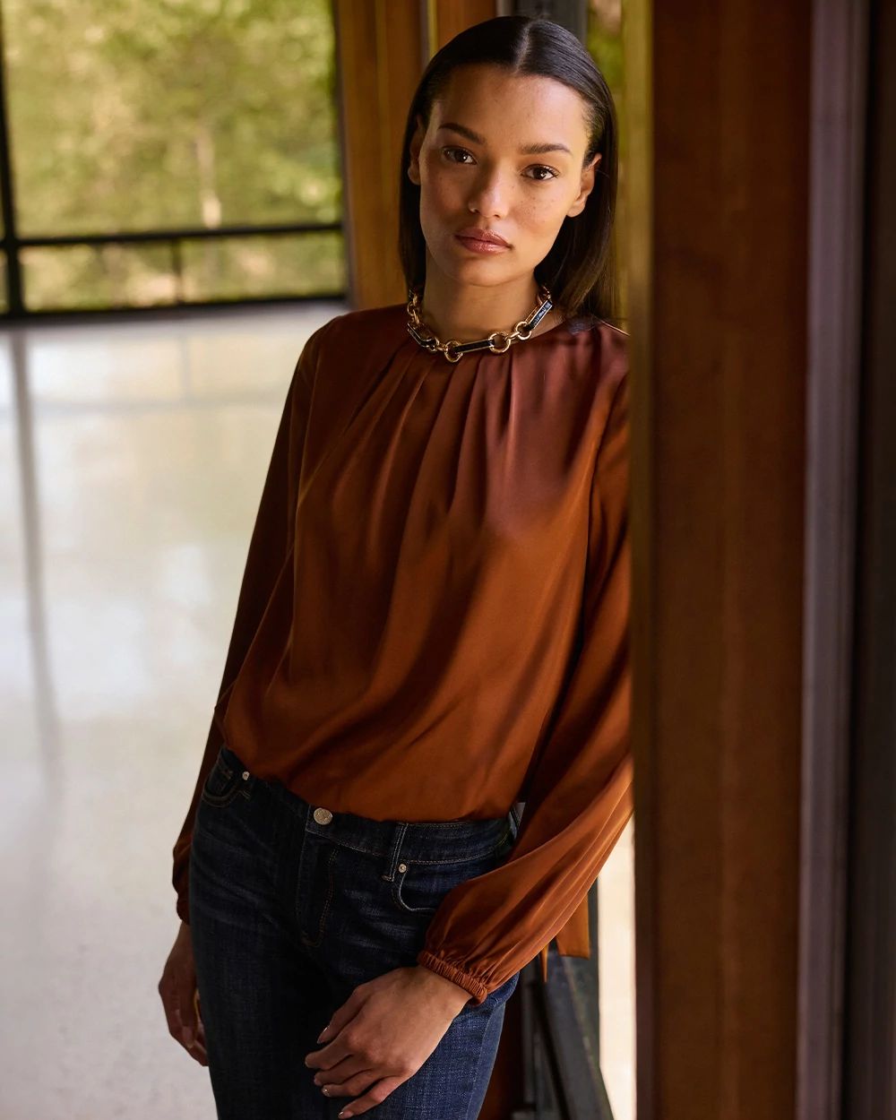 Rich Brown Satin Blouse for Elegant Evening or Smart Casual Rich Brown Satin Blouse for Elegant Evening or Smart Casual — Blouses