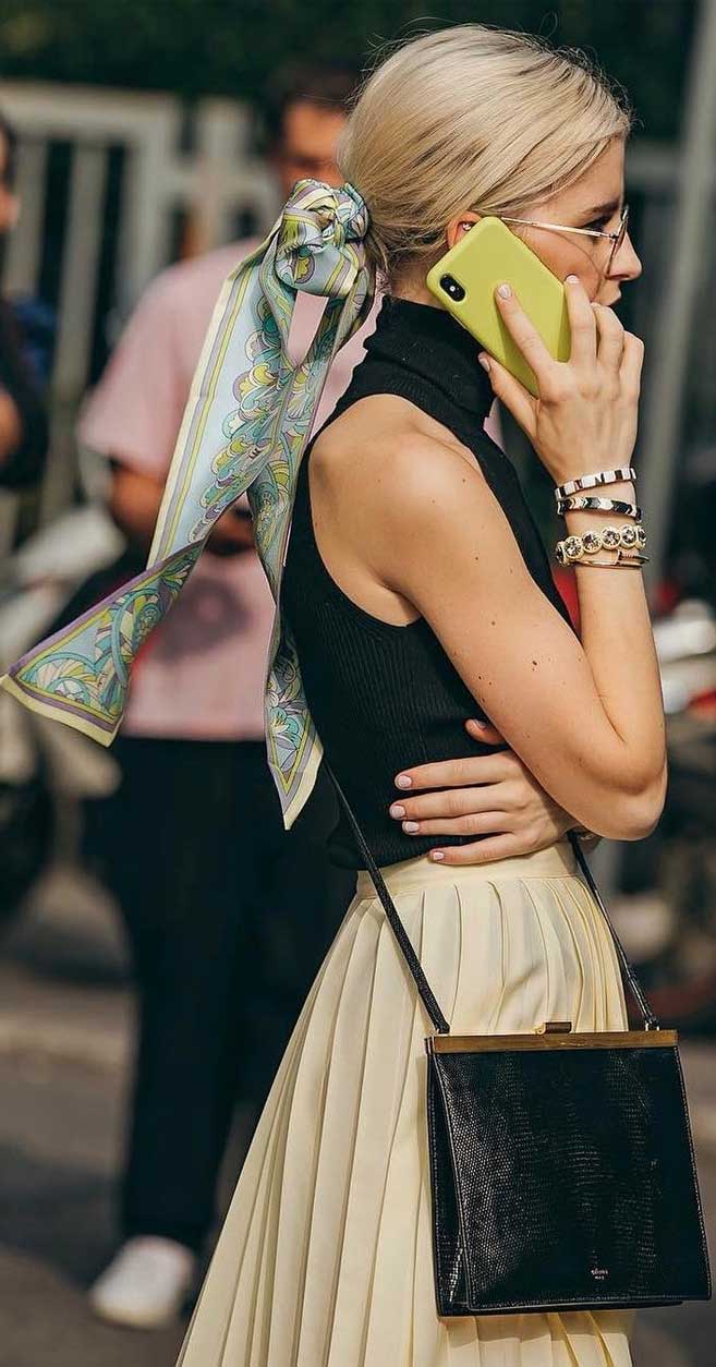 Collarbone Ponytail with Trailing Scarf — Scarf Hairstyles