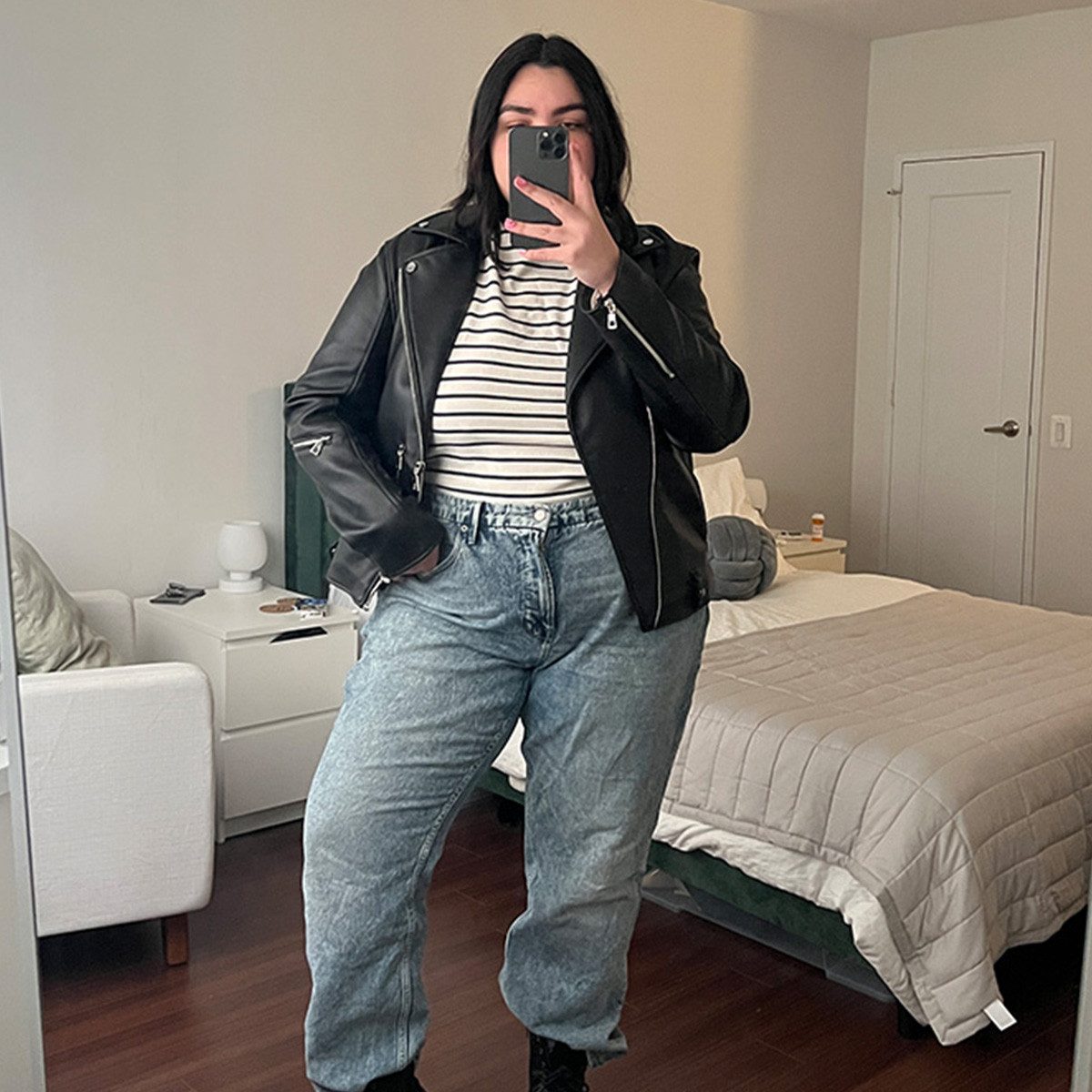 Leather Moto Jacket with Striped Tee and Distressed Denim Leather Moto Jacket with Striped Tee and Distressed Denim — Tumblr Outfits