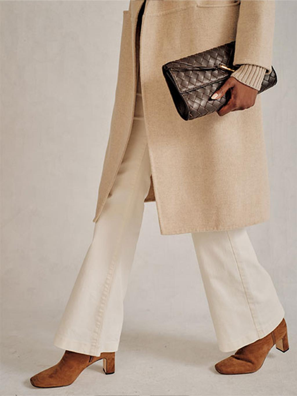 Cozy Beige Coat and Trousers with a Woven Leather Clutch — Clutch Outfits