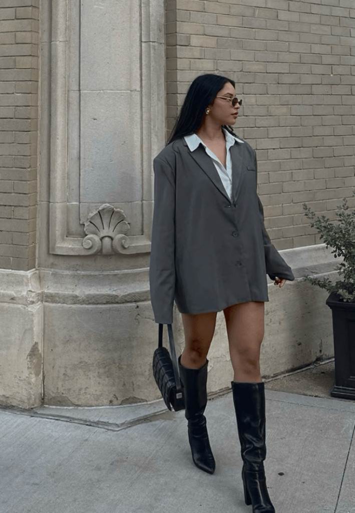 Smart Casual Mini: Black Baguette with Oversized Blazer Dress Smart Casual Mini: Black Baguette with Oversized Blazer Dress — Baguette Bag Outfits