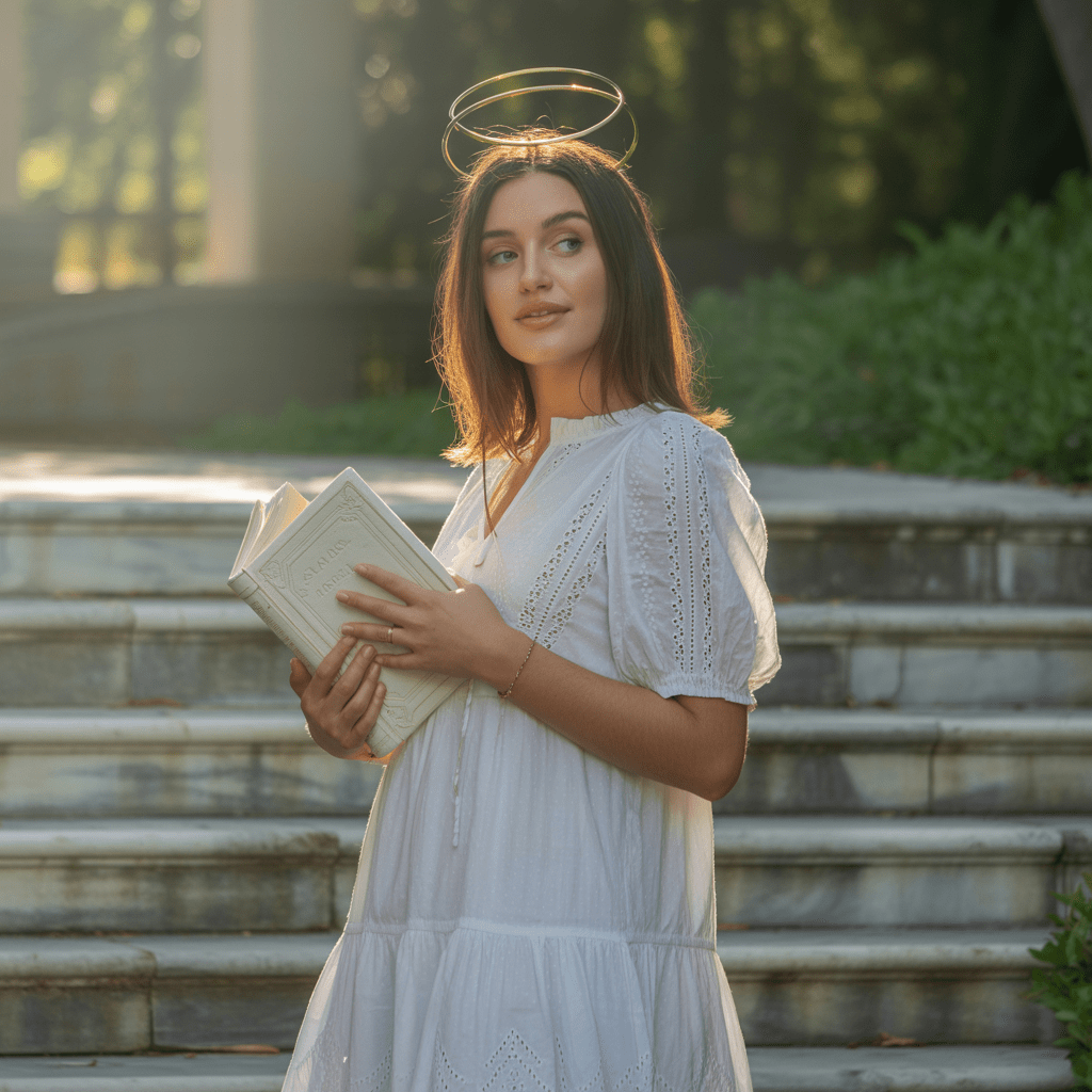 Ethereal Eyelet Dress with Gold Halo — Angelcore Outfits
