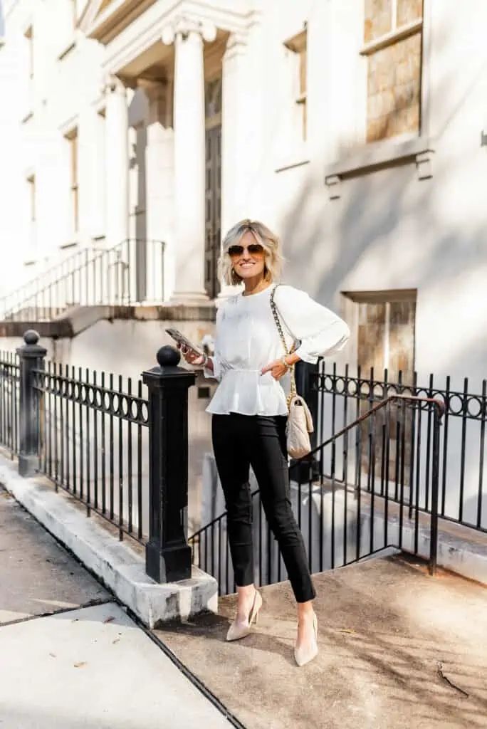 Ruffled Peplum Blouse with Slim Trousers for Workwear — Peplum Top Outfits