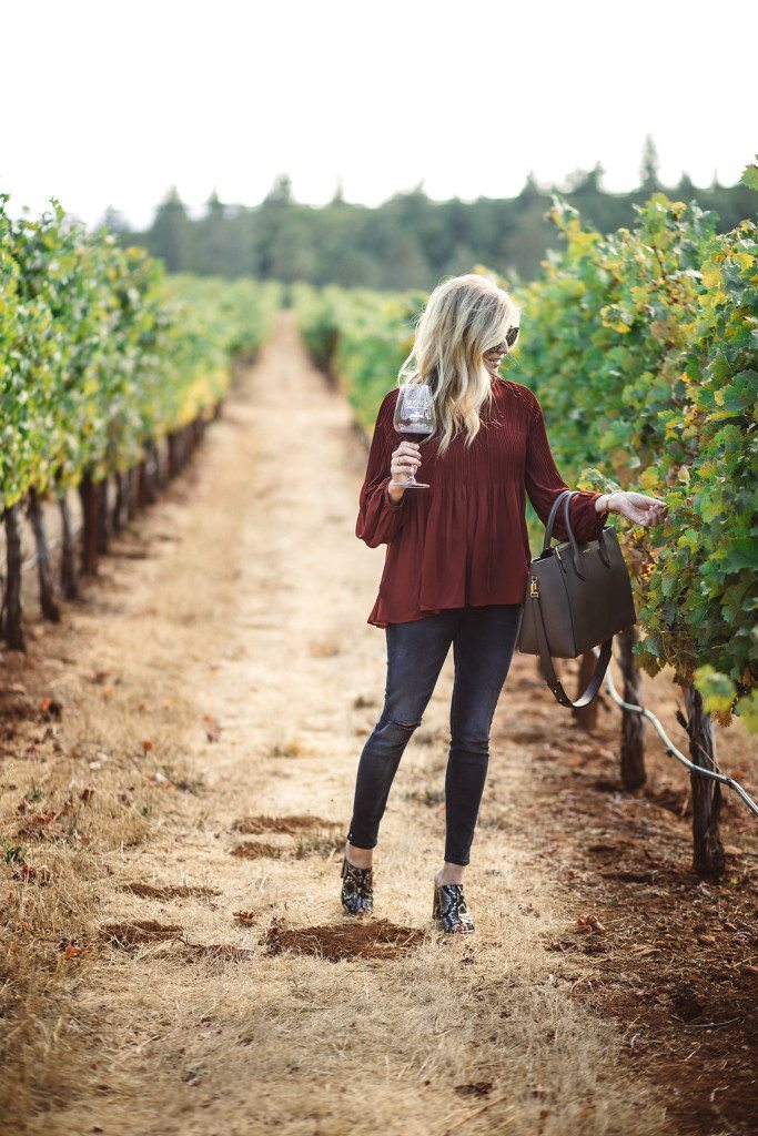 Pleated Blouse with Skinny Jeans and Snakeskin Booties for a Winery Visit — Winery Outfits