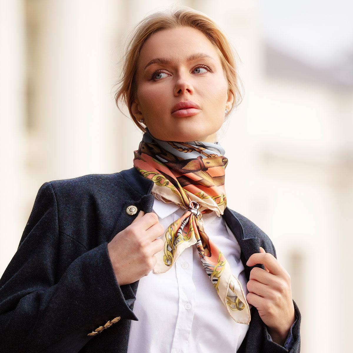 Intricately Tied Silk Scarf with Blazer — Silk Scarf Outfits
