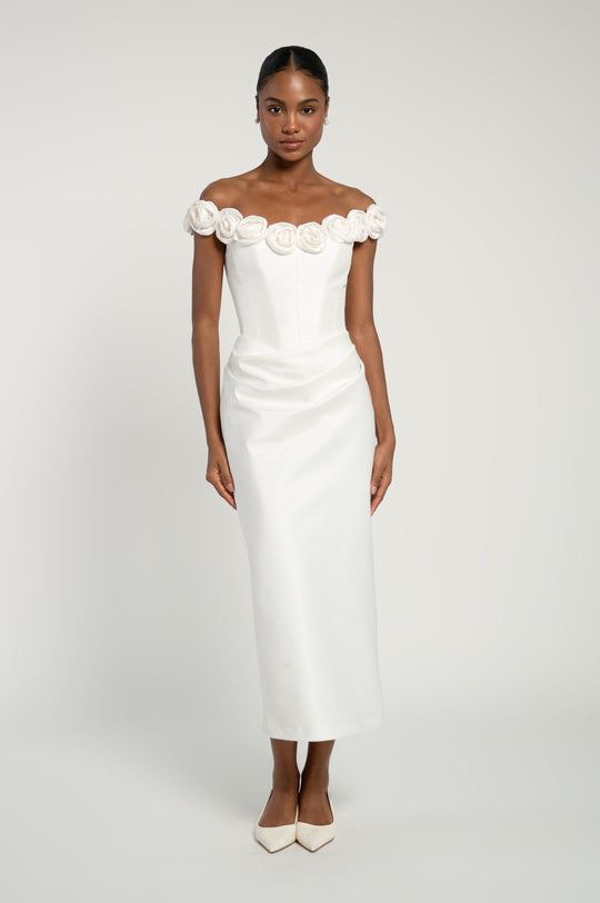 Ivory Off-the-Shoulder Midi Dress with Fabric Roses — Rehearsal Dinner Dresses