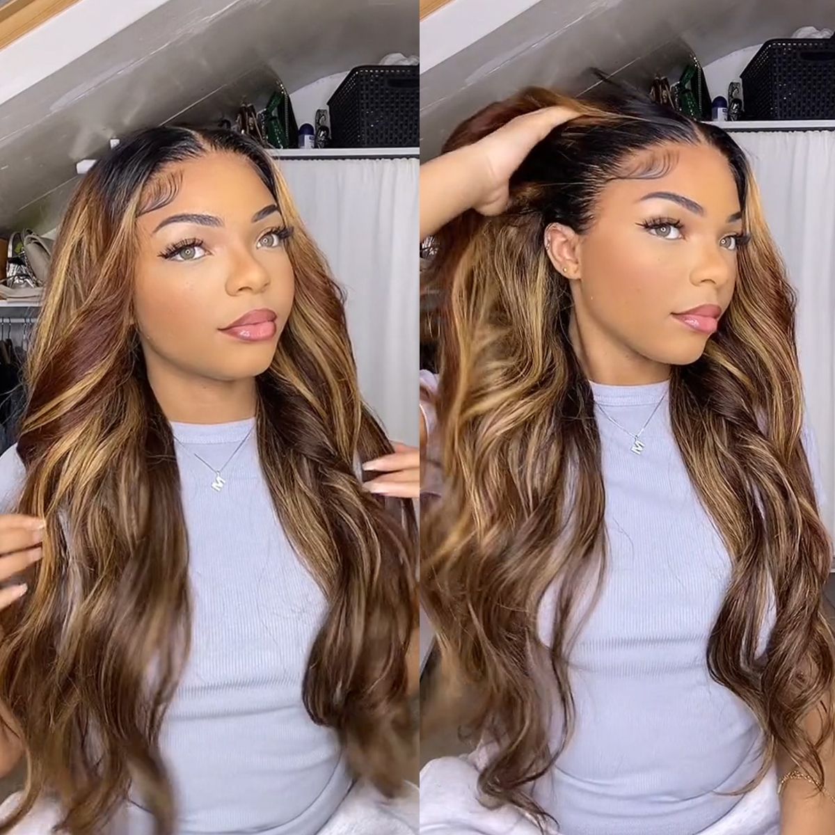 Layers Mid-Back Wavy Dark Base With Honey Blonde Highlights Layers Mid-Back Wavy Dark Base With Honey Blonde Highlights — Honey Blonde on Black Women