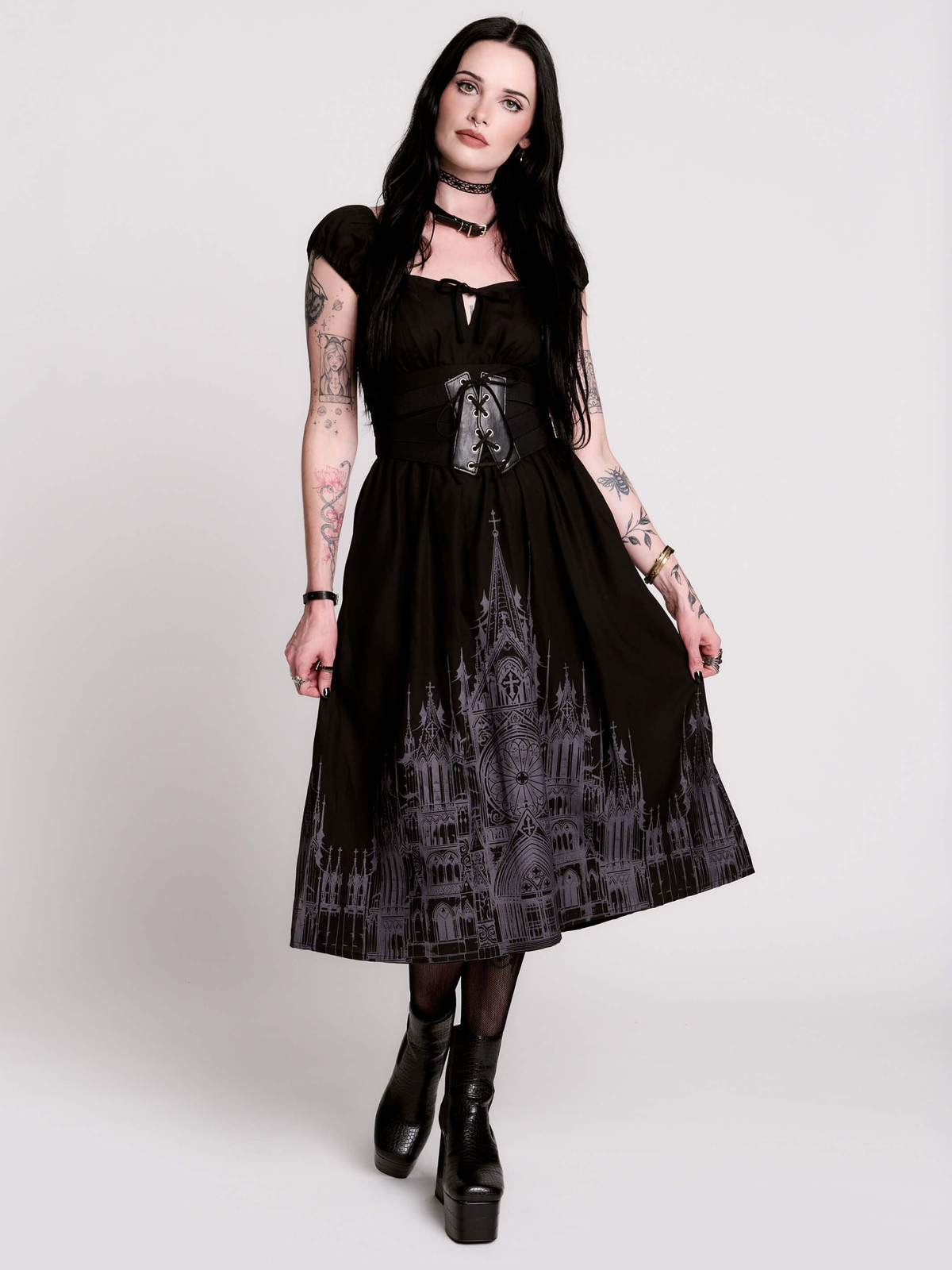 Fit-and-Flare Dress with Gothic Print and Corset Detail for Dramatic Corporate — Corporate Goth Outfits