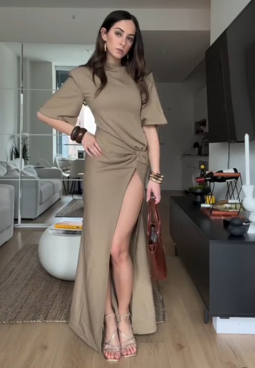Stylish Beige Bodycon Maxi Dress with High Slit Stylish Beige Bodycon Maxi Dress with High Slit — Graduation Party Outfits