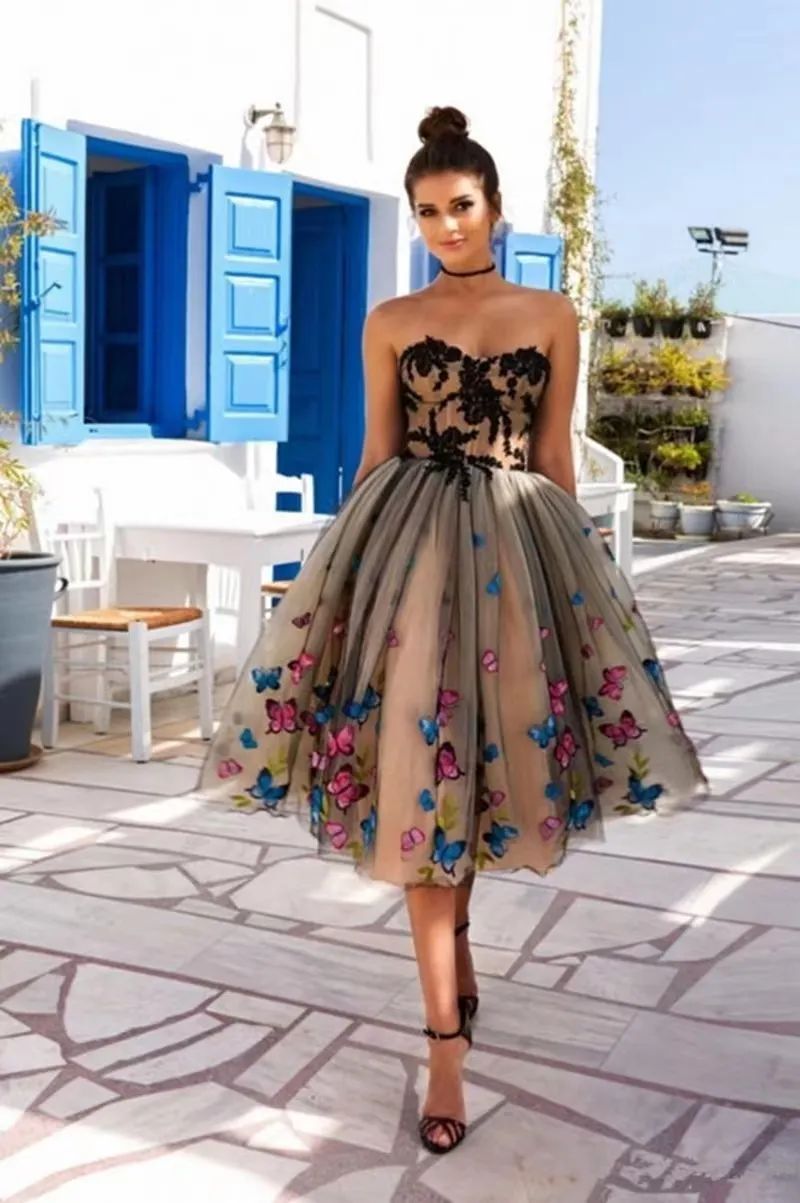 Champagne and Black Tulle Dress with Butterfly Print and Lace Bodice Champagne and Black Tulle Dress with Butterfly Print and Lace Bodice — Tea Length Dresses