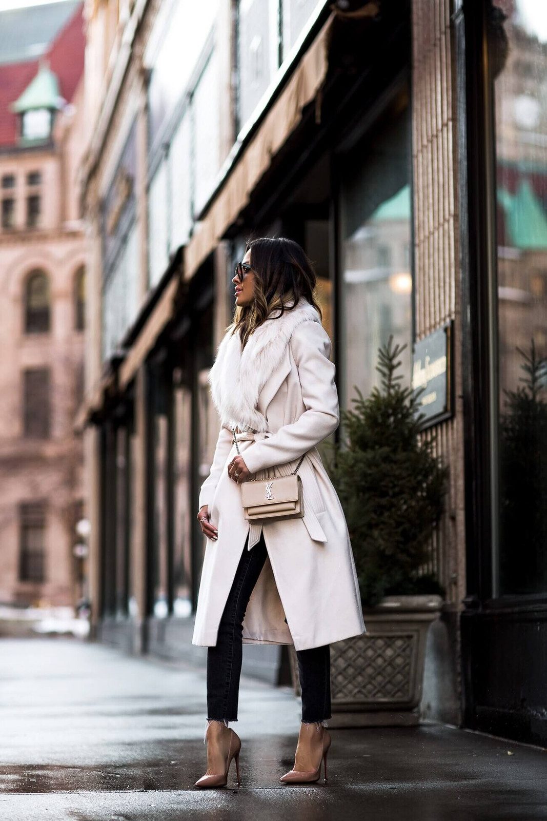 City Chic: YSL Bag with Fur-Trimmed Trench and Denim — YSL Bag Outfits