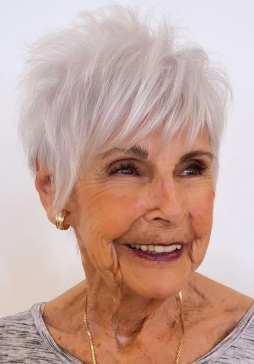 Long Bangs Platinum Pixie Long Bangs Platinum Pixie — Pixie Cut for Women Over 60
