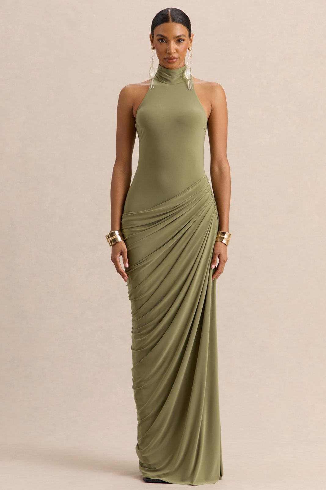 Olive Green Halter Maxi Dress with Draped Skirt Olive Green Halter Maxi Dress with Draped Skirt — Club Dresses