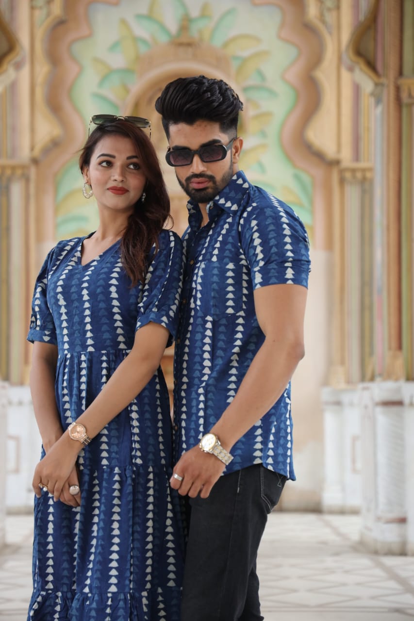 Casual Day Out in Indigo Geometric Prints — Matching Couple Outfits