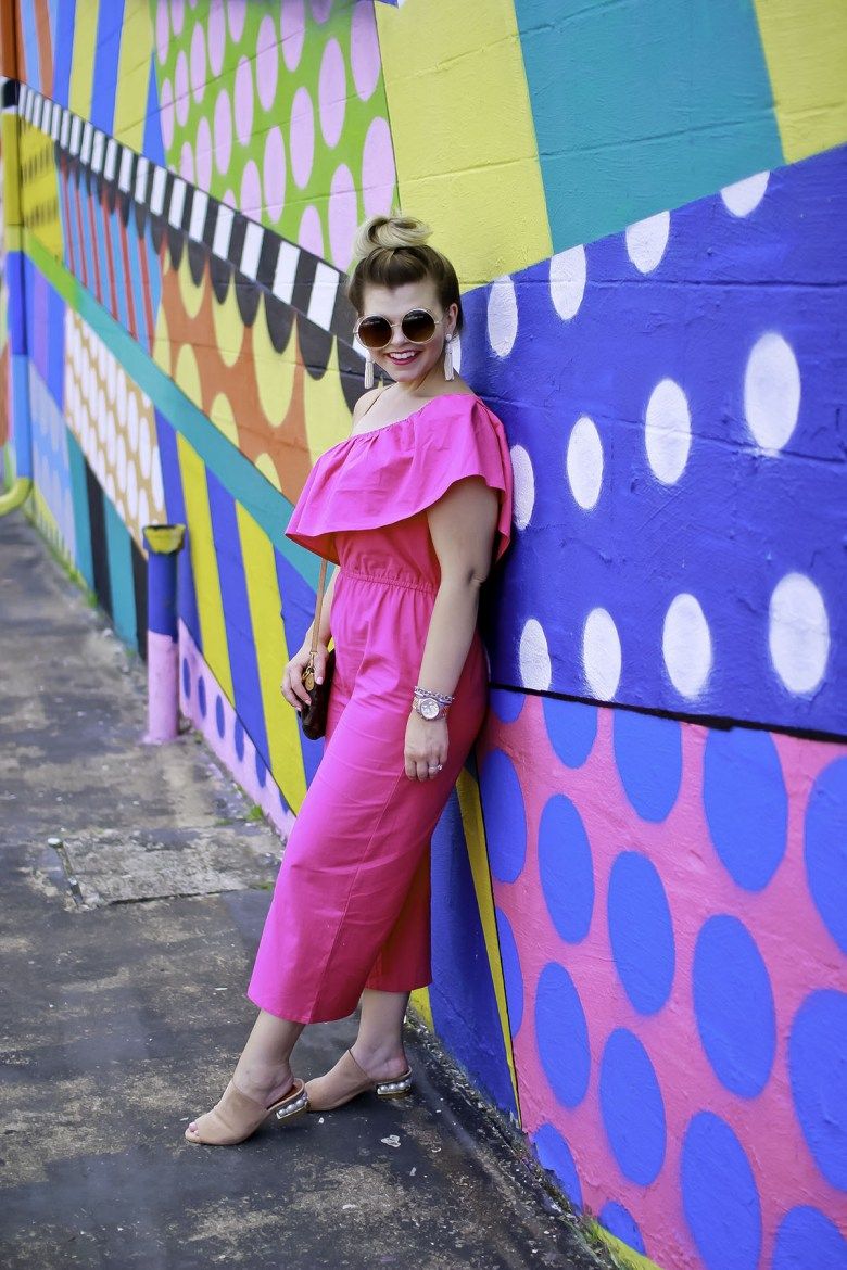 Vibrant Jumpsuit with Nude Heels — Round Sunglasses Outfits