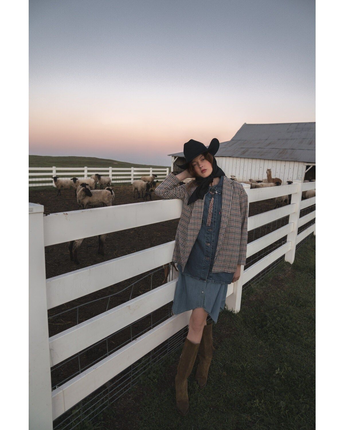 Denim Dress with Plaid Blazer and Suede Boots — Ranch Outfits