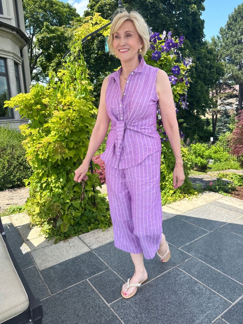 Purple and White Striped Linen-Blend Knotted Shirt and Cropped Pants Purple and White Striped Linen-Blend Knotted Shirt and Cropped Pants — Two Piece Sets