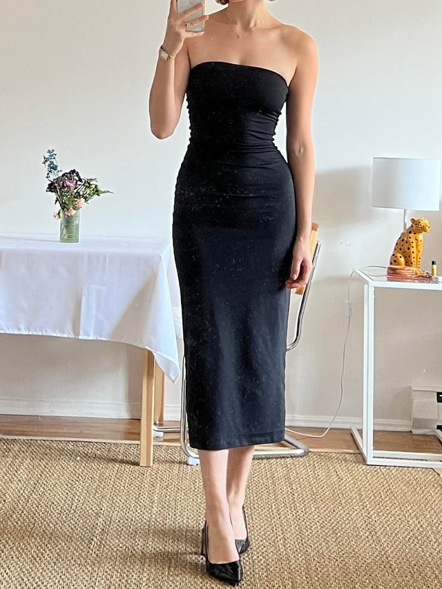 Strapless Bodycon Midi Dress with Pointed-Toe Heels — Dressy Casual Outfits