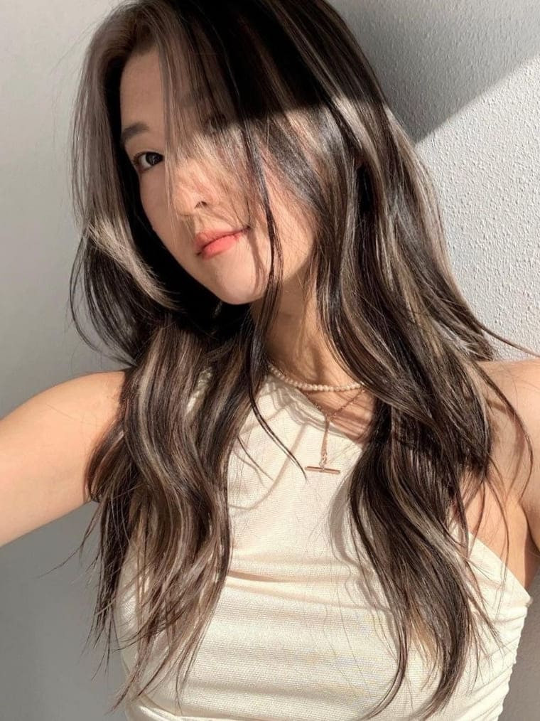 Dark Brown With Ash Blonde & Grey Highlights Dark Brown With Ash Blonde & Grey Highlights — Hair Color for Asian Hair