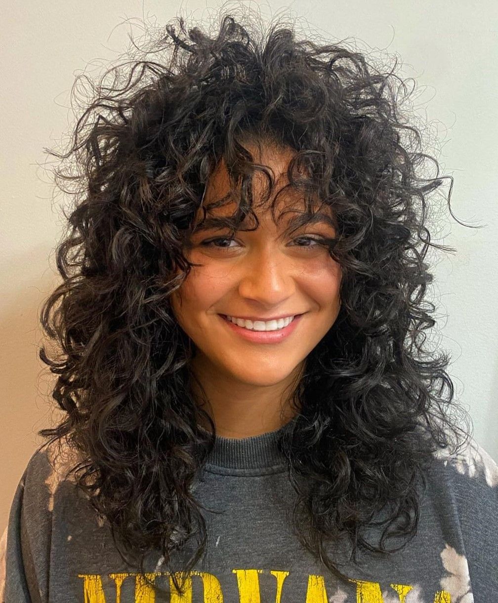 Wolf Cut Shoulder Dark Brown Shaggy Layers Volume — Curly Wolf Cut
