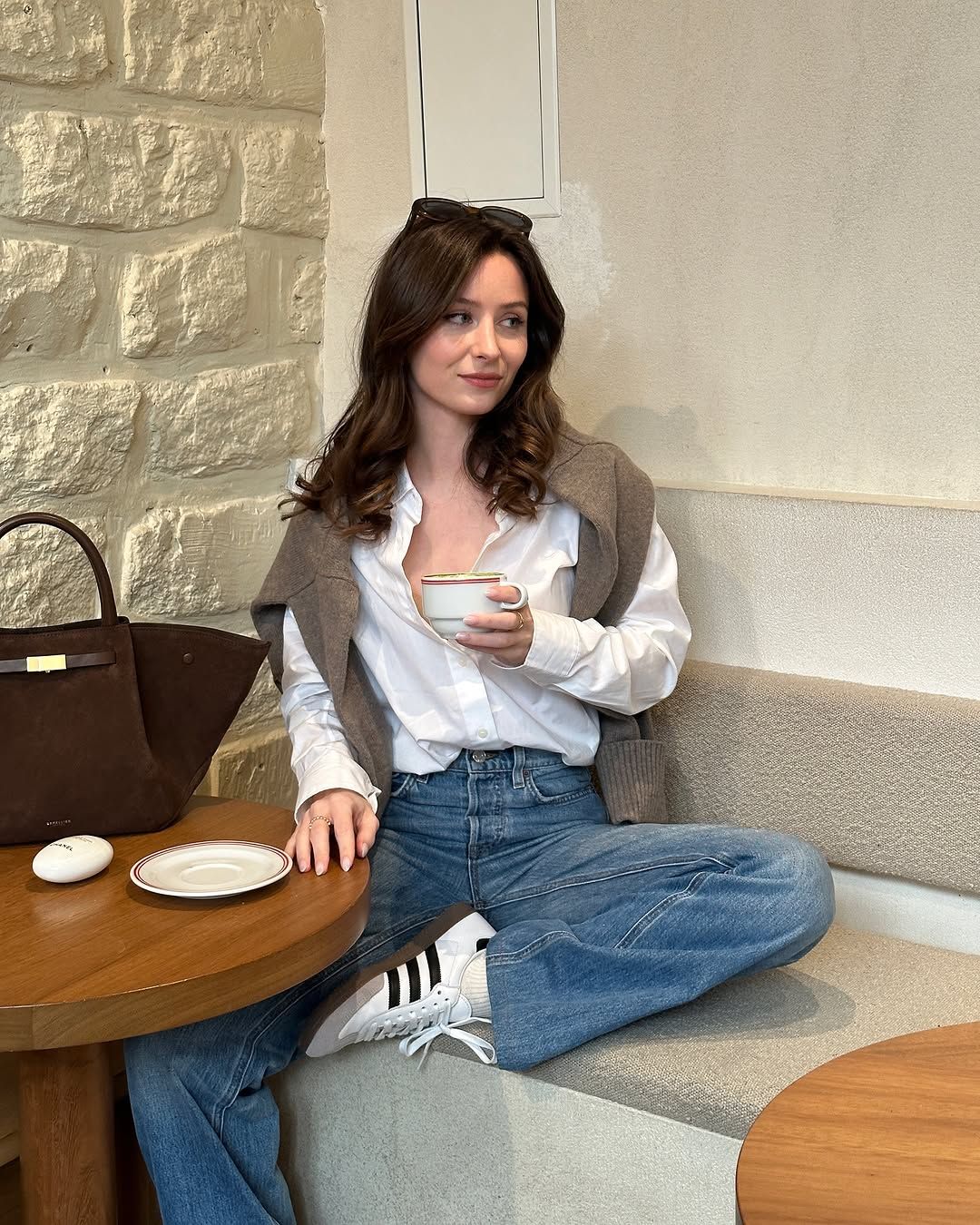 White Button-Down and Draped Cardigan with Wide-Leg Jeans White Button-Down and Draped Cardigan with Wide-Leg Jeans — Coffee Date Outfits