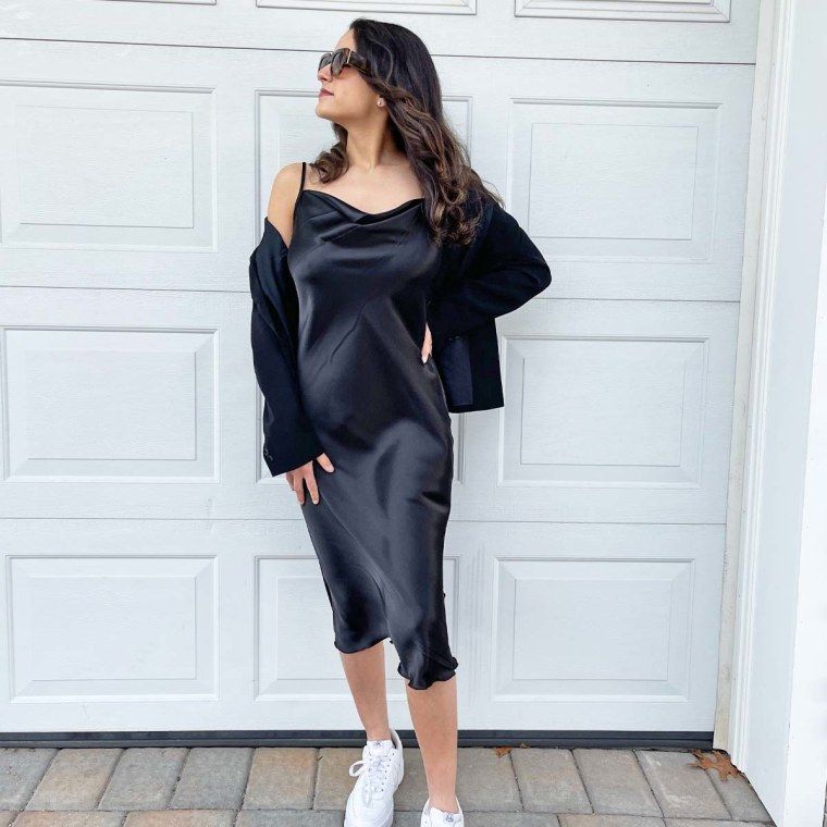 Black Silk Midi Slip Dress with Draped Blazer Black Silk Midi Slip Dress with Draped Blazer — Silk Dresses