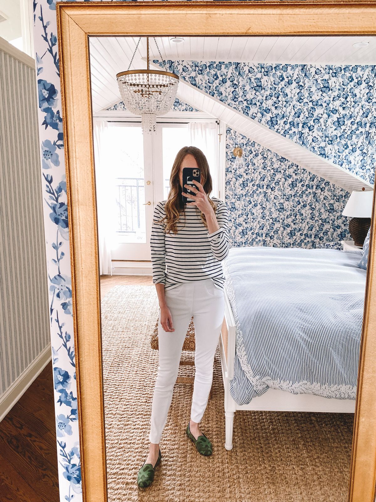 Striped Tee and Slim Pants with Green Loafers for a Playful WFH Striped Tee and Slim Pants with Green Loafers for a Playful WFH — Work From Home Outfits