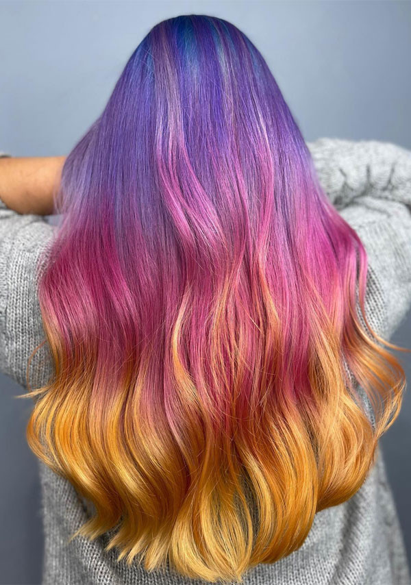 Long Layers Purple To Yellow Ombre — Sunset Hair