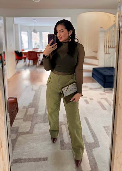 Olive Green Cargo Pants With Sheer Top and Burgundy Heels — Cargo Pants Outfits