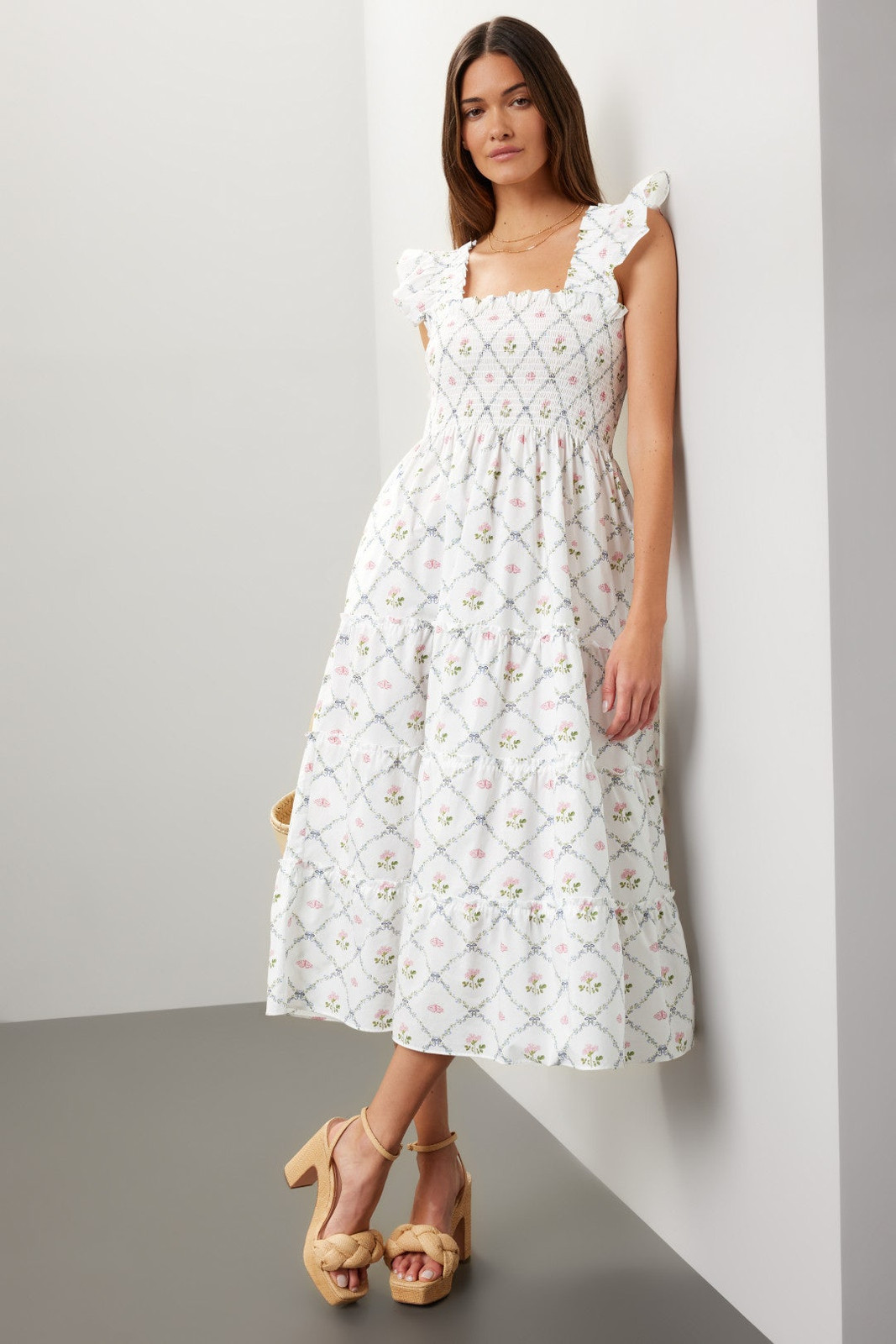 White Floral Midi Dress with Smocked Bodice — House Dresses
