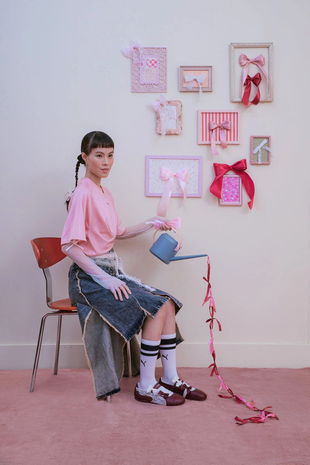 Mixed Textures: Denim Skirt, Sheer Sleeves, and Burgundy Speedcats Mixed Textures: Denim Skirt, Sheer Sleeves, and Burgundy Speedcats — Puma Speedcat Outfits