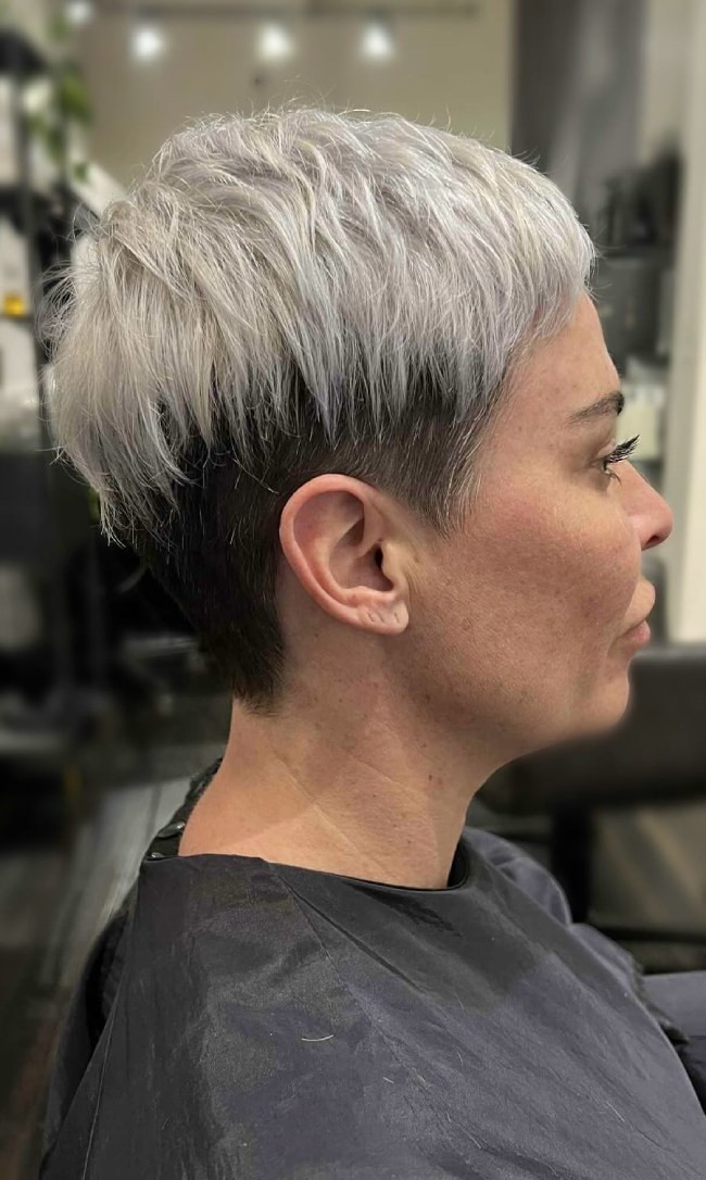 Ear Length Ash Blonde Undercut Pixie Ear Length Ash Blonde Undercut Pixie — Hair Color Over 50 Short Hair