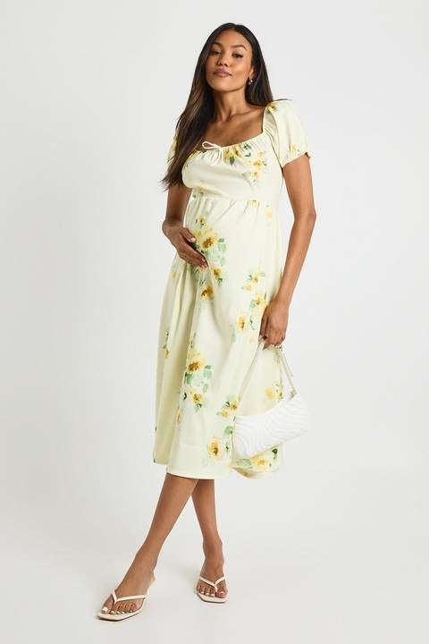 Pale Yellow Puff-Sleeve Floral Midi Dress with Square Neck for a Garden Baby Shower Pale Yellow Puff-Sleeve Floral Midi Dress with Square Neck for a Garden Baby Shower — Baby Shower Dresses