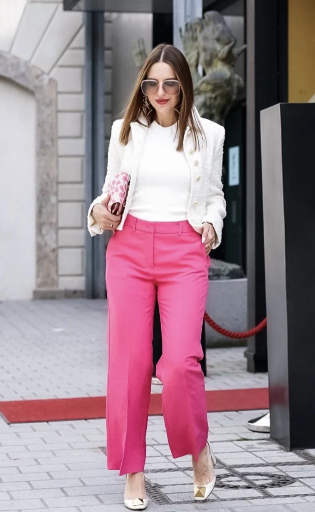 Bold Pink Wide Leg Pants with Tweed Jacket — Wide Leg Pants Outfits