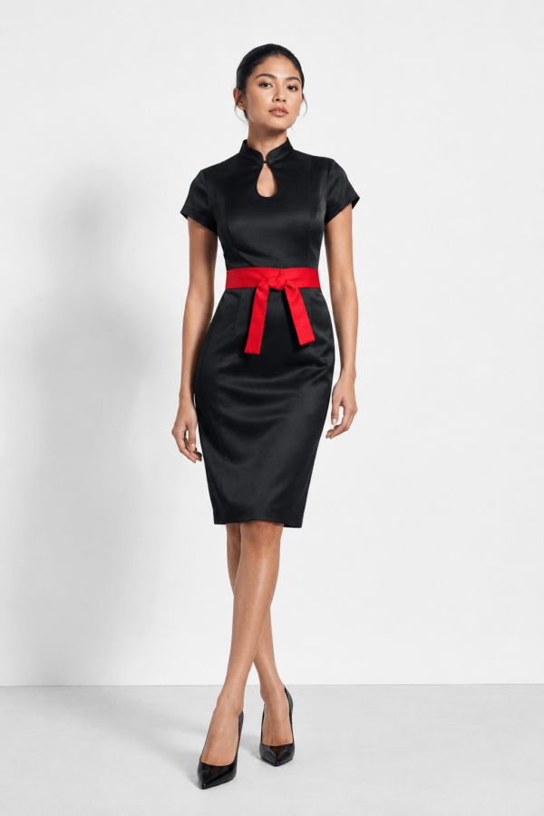 Satin Sheath Dress with Red Obi Sash for Formal Events Satin Sheath Dress with Red Obi Sash for Formal Events — Hostess Outfits