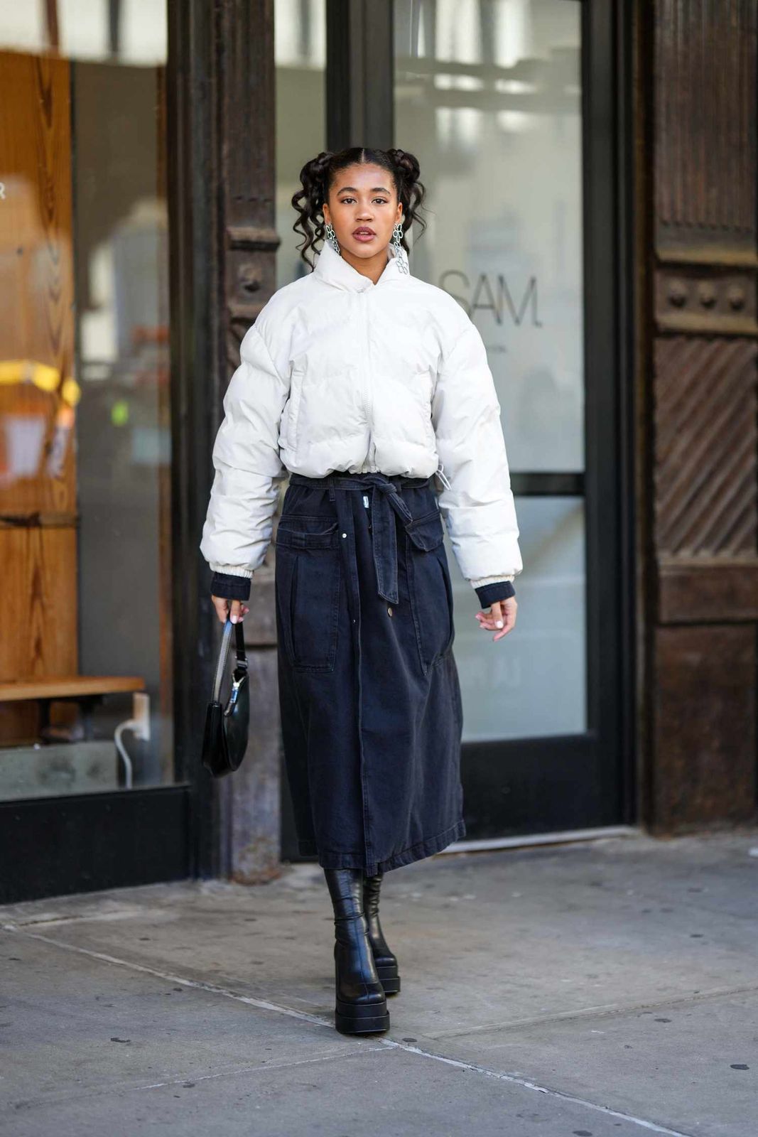 Black Cargo Maxi Skirt with White Puffer Jacket — Cargo Skirt Outfits