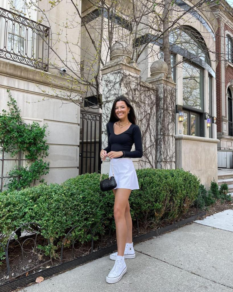 Platform Sneakers with Mini Skirt and Long-Sleeve Top Platform Sneakers with Mini Skirt and Long-Sleeve Top — Sneakers with Skirt Outfits