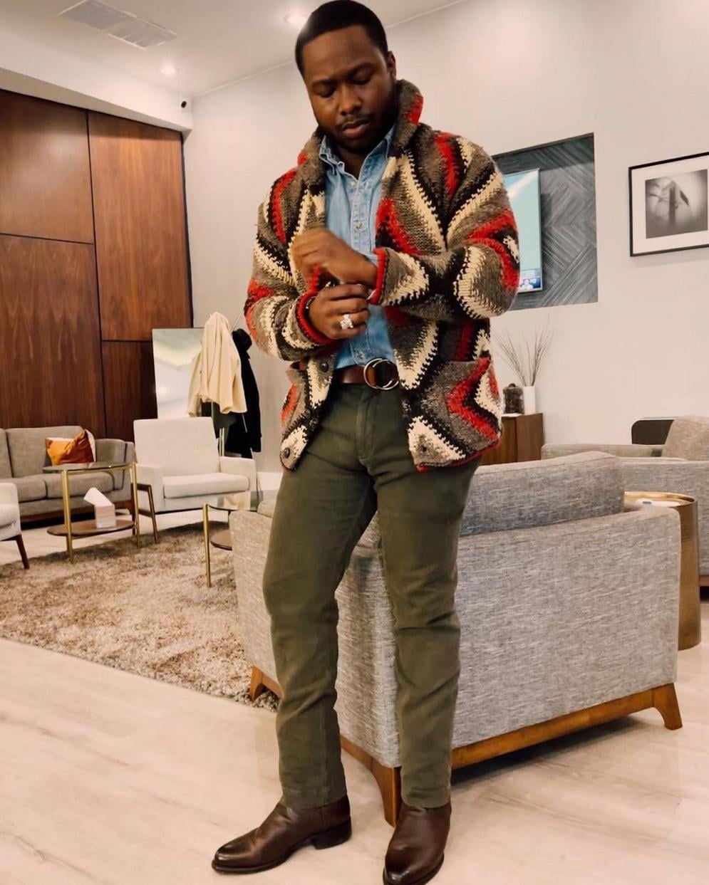 Textured Casual Statement: Patterned Cardigan and Corduroy Trousers Textured Casual Statement: Patterned Cardigan and Corduroy Trousers — Outfits for Men Over 40