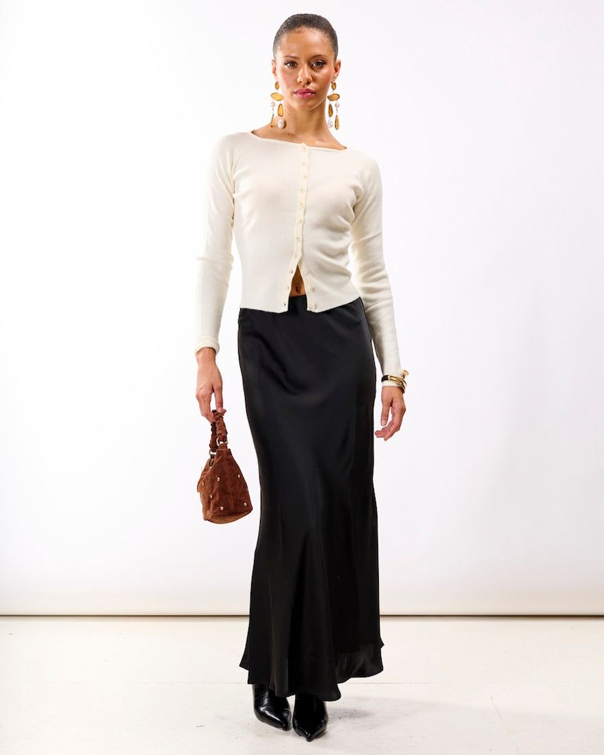 Black Satin Maxi Skirt with Ribbed Cardigan and Heels Black Satin Maxi Skirt with Ribbed Cardigan and Heels — Satin Skirt Outfits