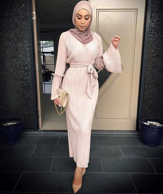 Beige Long-Sleeved Dress with Sequined Sleeve Details Beige Long-Sleeved Dress with Sequined Sleeve Details — Hijab Wedding Guest Outfits