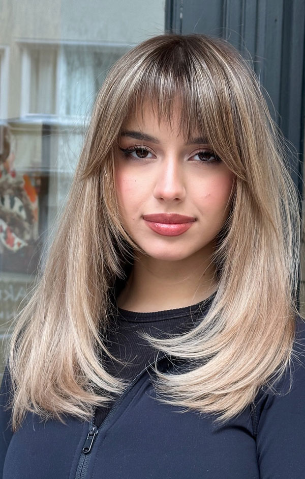 Fine Ash Blonde Lob With Dark Roots — Medium Hair with Bangs