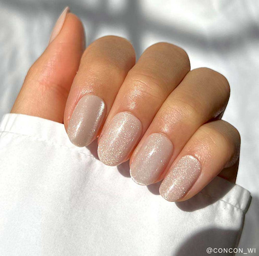 Pale Nude Shimmer Glossy Short Oval — Interview Nails