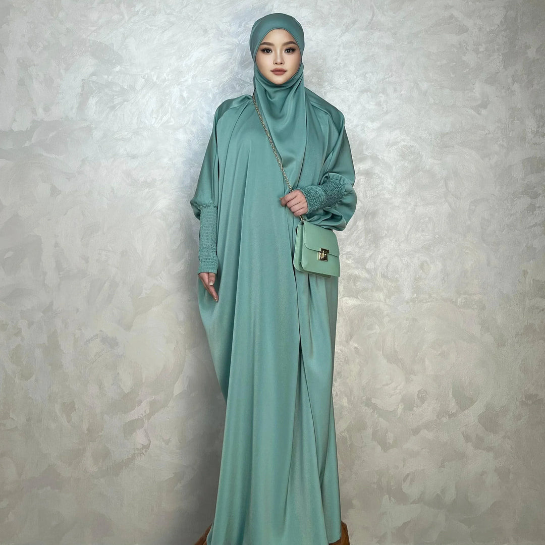 Oversized Mint Green Satin Abaya with Smocked Cuffs — Abaya Outfits