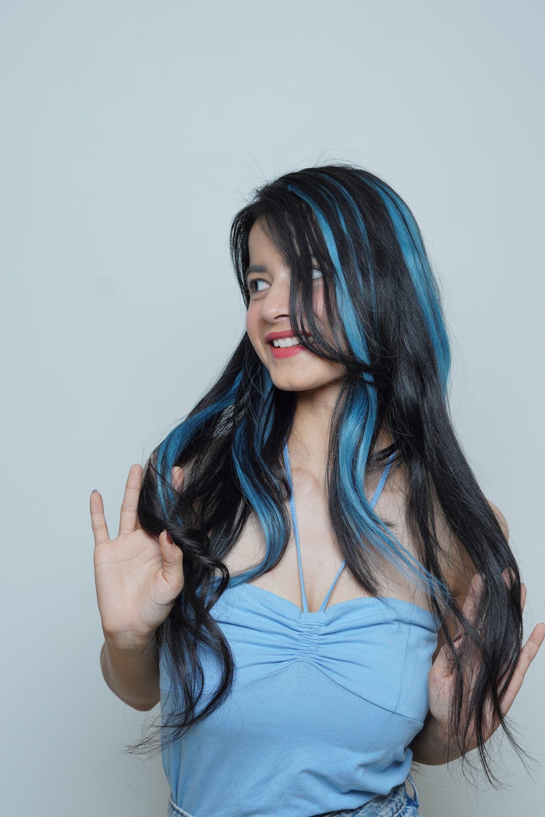 Mid-Back Length Visual Idea Mid-Back Length Visual Idea — Blue Highlights on Black Hair