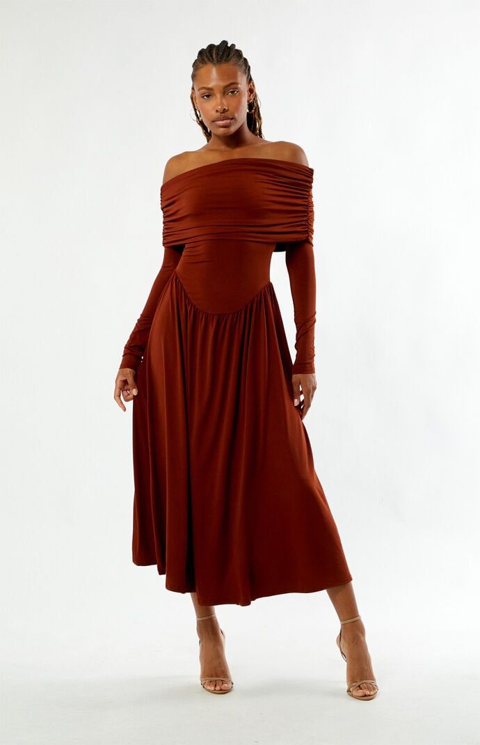 Rust Off-the-Shoulder Midi Dress with Gathered Detail — Going Out Dresses