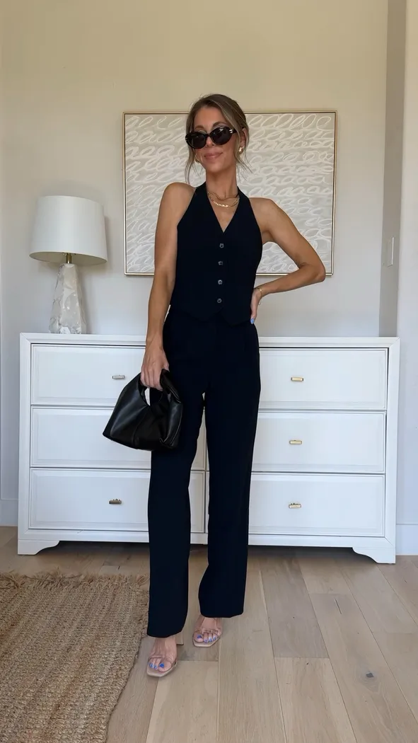 Black Halter Vest and Wide-Leg Pants for Evening Sophistication — Aritzia Outfits