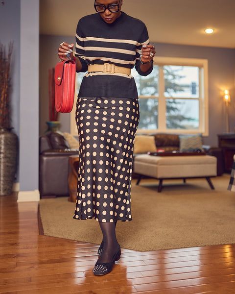 Polka Dot Slip Skirt with Striped Sweater and Red Handbag — Slip Skirt Outfits