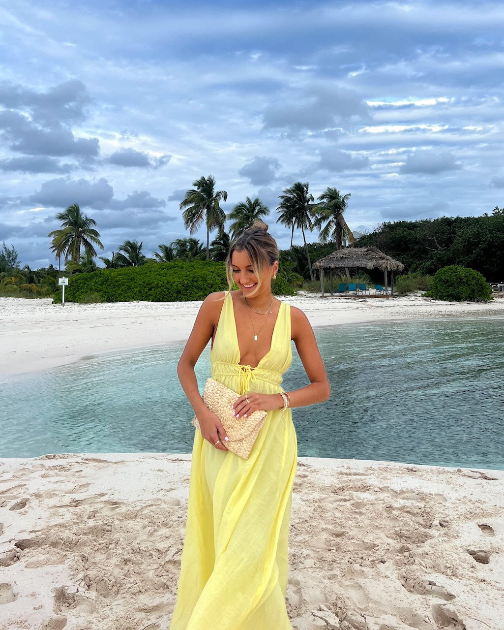 Yellow Maxi Dress with Straw Clutch for Beach Vacation Style — Bahamas Outfits